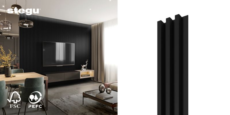 Lamele ścienne na czarnej płycie Stegu Linea Slim, czarne 265x15 cm panele dekoracyjne 1 szt.