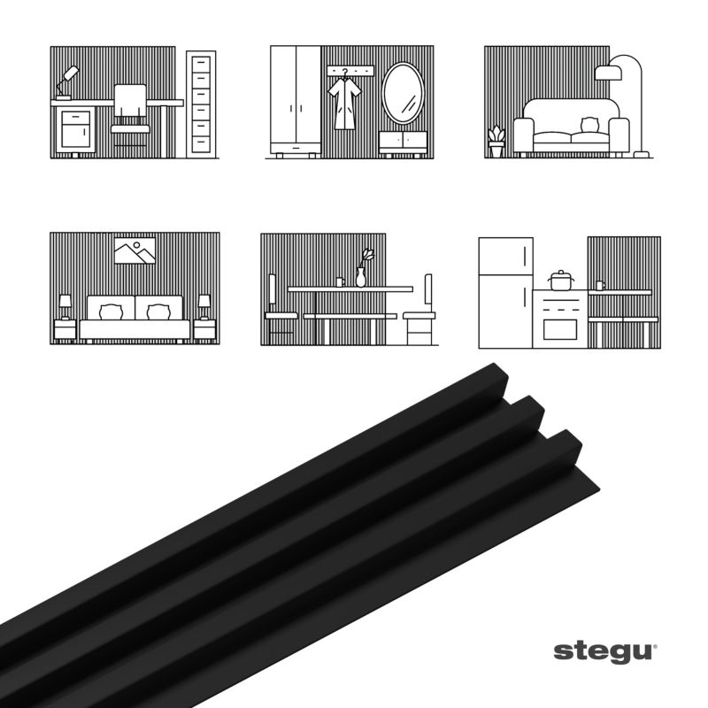Lamele ścienne na czarnej płycie Stegu Linea Slim, czarne 265x15 cm panele dekoracyjne 1 szt.