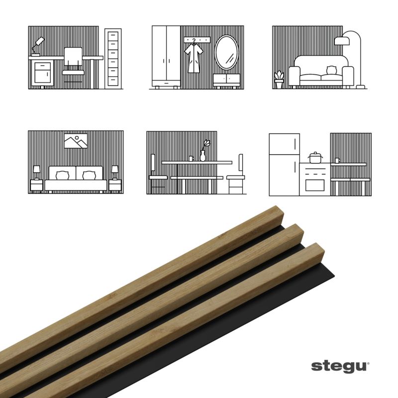 Lamele ścienne na czarnej płycie Stegu Linea Slim, dąb naturalny 265x15 cm panele dekoracyjne 1 szt.