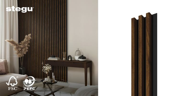 Lamele ścienne na czarnej płycie Stegu Linea Slim, orzech ciemny 265x15 cm panele dekoracyjne 1 szt.