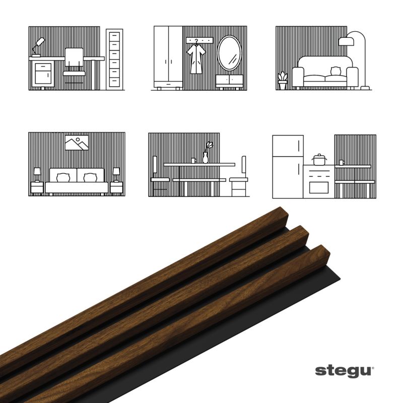 Lamele ścienne na czarnej płycie Stegu Linea Slim, orzech ciemny 265x15 cm panele dekoracyjne 1 szt.