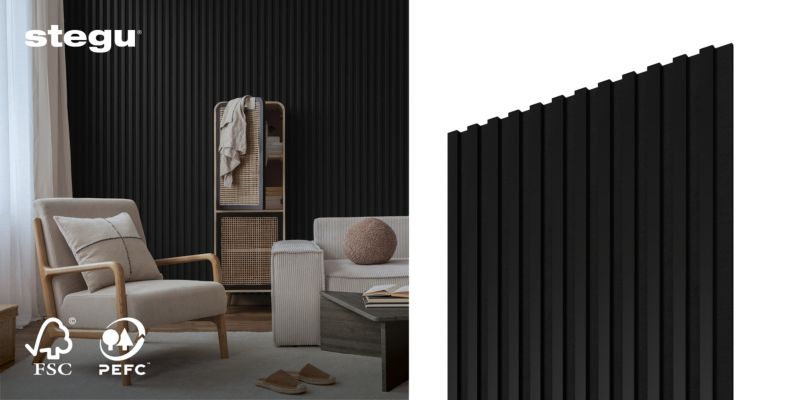Lamele ścienne na czarnym filcu Stegu Linea Acoustic Proline, czarne 240x60 cm panele akustyczne 1 szt.