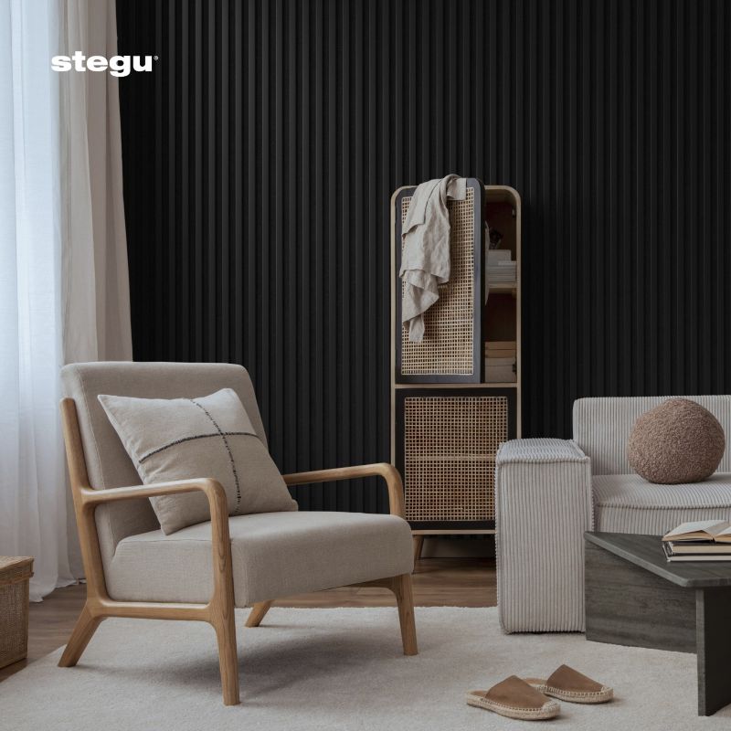 Lamele ścienne na czarnym filcu Stegu Linea Acoustic Proline, czarne 240x60 cm panele akustyczne 1 szt.