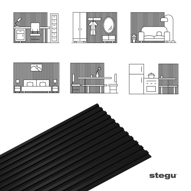 Lamele ścienne na czarnym filcu Stegu Linea Acoustic Proline, czarne 240x60 cm panele akustyczne 1 szt.