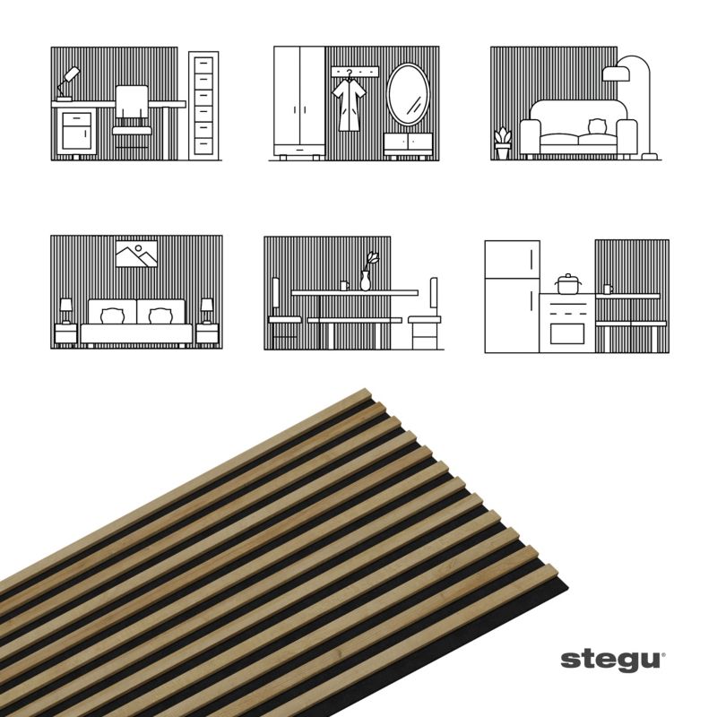 Lamele ścienne na czarnym filcu Stegu Linea Acoustic Proline, dąb naturalny 120x60 cm panele akustyczne 1 szt.