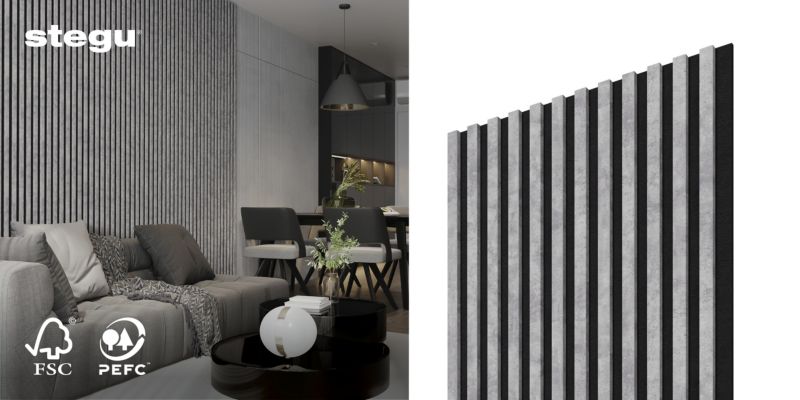 Lamele ścienne na czarnym filcu Stegu Linea Acoustic Proline, szare 240x60 cm panele akustyczne 1 szt.