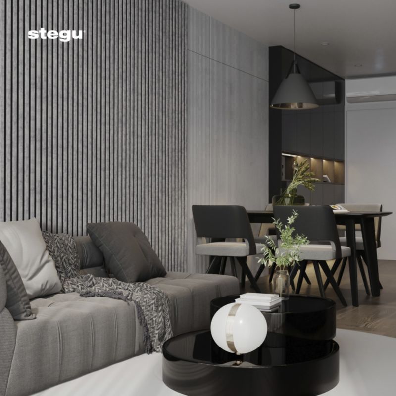Lamele ścienne na czarnym filcu Stegu Linea Acoustic Proline, szare 240x60 cm panele akustyczne 1 szt.