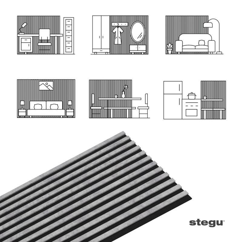 Lamele ścienne na czarnym filcu Stegu Linea Acoustic Proline, szare 240x60 cm panele akustyczne 1 szt.
