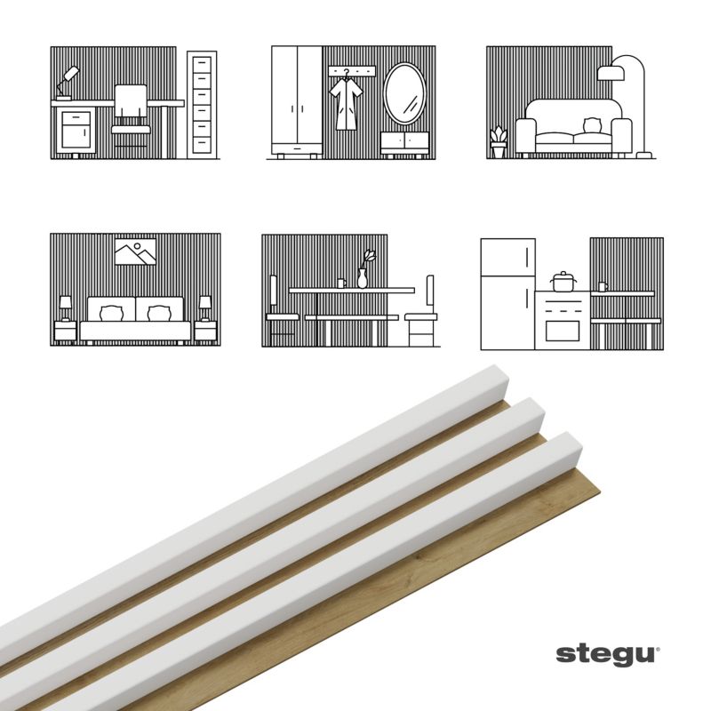 Lamele ścienne na dębowej płycie Stegu Linea Slim, białe 265x15 cm panele dekoracyjne 1 szt.