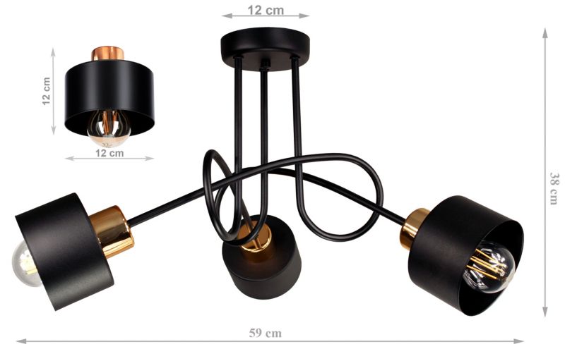 Lampa DECORI Edison Max 3 Loft Czarny Miedź, 1 szt
