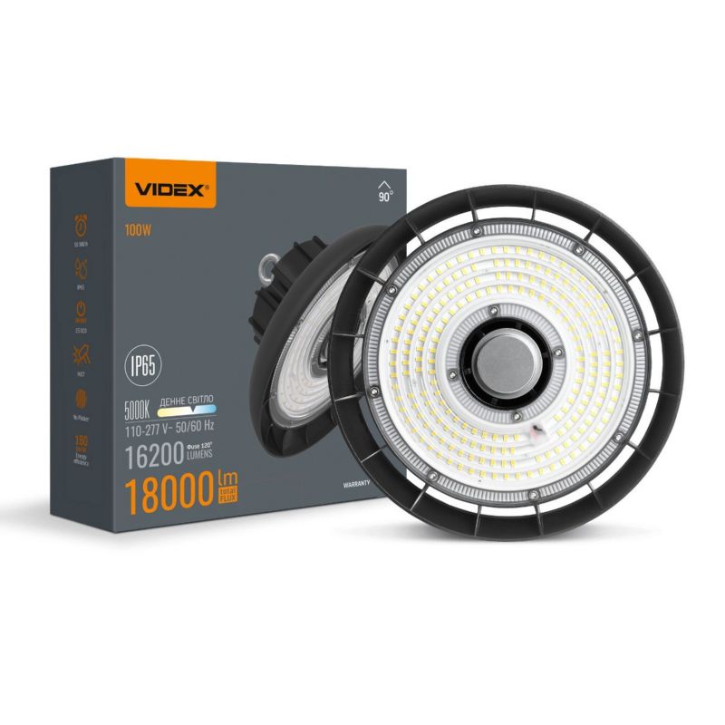 Lampa High Bay przemysłowa Ufo Videx High Bay czarna LED 100W 5000K 18000lm hermetyczna IP65 wym: 14,8 x 26,5 x 26,5 cm - 1 szt.