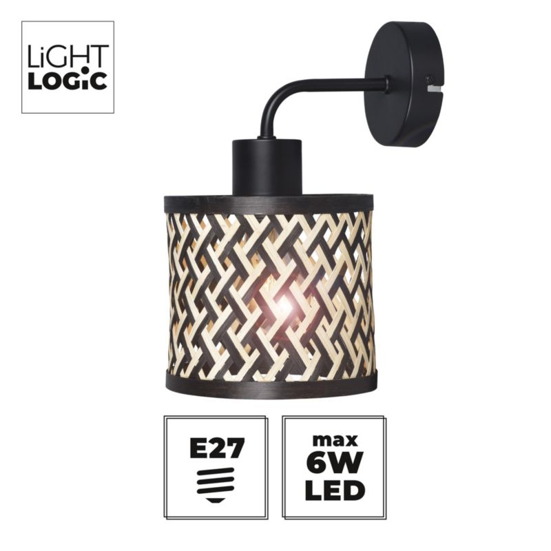 Lampa LightLogic LL TERYS WL 66430 kinkiet bambus E27 czarna eko do LED 1 szt.