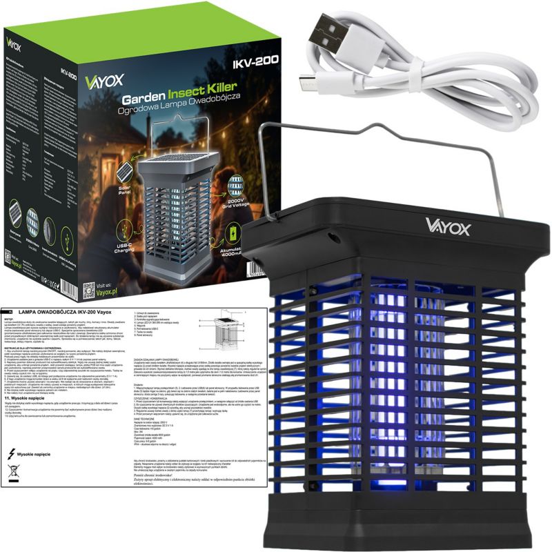 Lampa owadobójcza Vayox IKV-200 solarna akumulatorowa UV 2000V USB 1 szt.