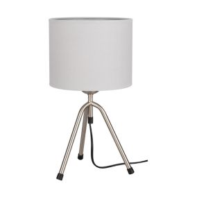 Lampa Stołowa SPOT Light  1xE27 Max.40W Klasyczne Połączenie Satyny z Jasnoszarą Tkaniną, Polski Producent, 1 szt.