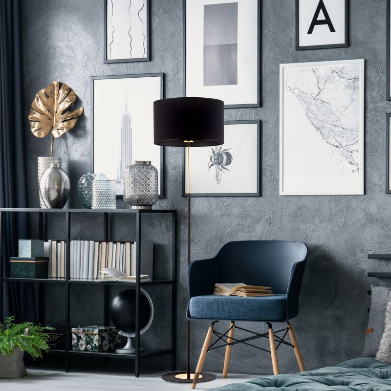 Stojací lampa TK Lighting Lord, klasická, černo-zlatá, provázkový vypínač - 1 ks.