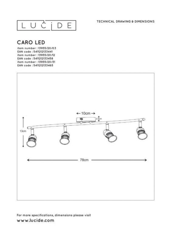 Lampa sufitowa Lucide Caro srebrna  4 x GU10 x 5W wym: 9 x 78 cm - 1 szt.