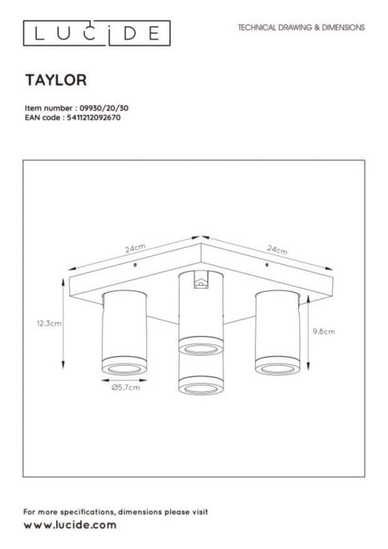 Lampa sufitowa Lucide Taylor czarna  4 x GU10 x 5W wym: 24 x 24 cm - 1 szt.