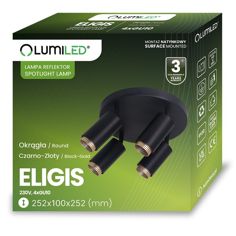 Lampa Sufitowa Lumiled Reflektor 4x GU10 Plafon ELIGIS Czarny 1 szt.