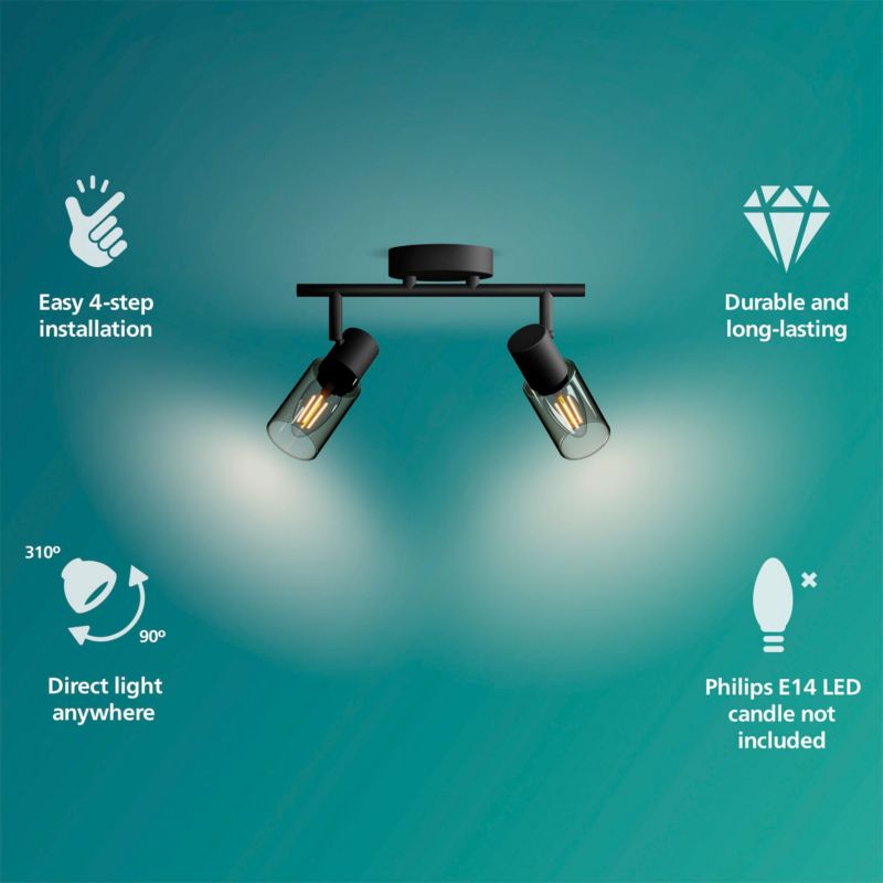 Lampa Sufitowa Palms Philips Reflektor Spot Spot 2x E14 Szkło Dymione Czarna 1 szt.