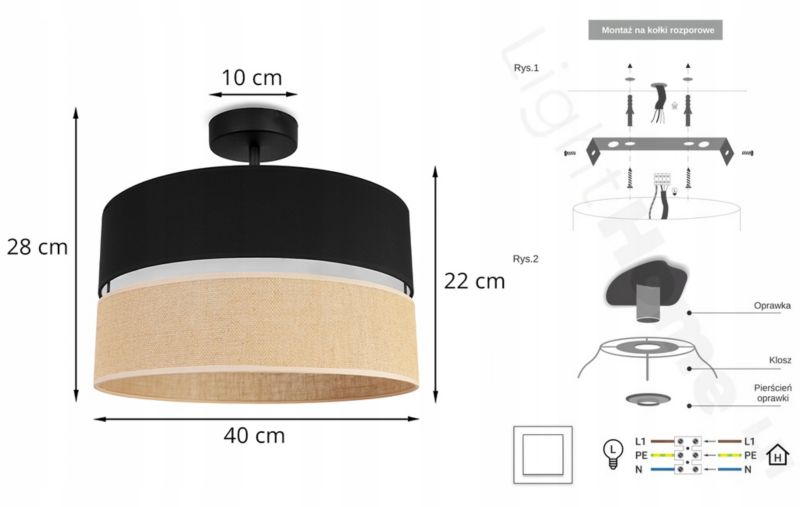 Lampa sufitowa plafon Light Home LH Juta 1x E27 60W abażur 40cm tkanina czarny 1szt.