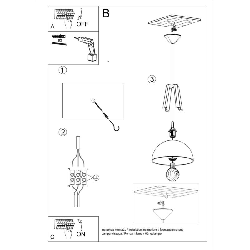 Lampa sufitowa  Pure Lume KUPOLA czarna-jasne drewno 1xE27x60W IP20 wym:100x30x30cm - 1 szt.
