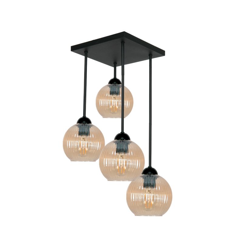 Lampa sufitowa wisząca EDYLIT czarna z bursztynowymi ryflowanymi kloszami loft 4xE27 do salonu 15-454 SONIA 1 szt.