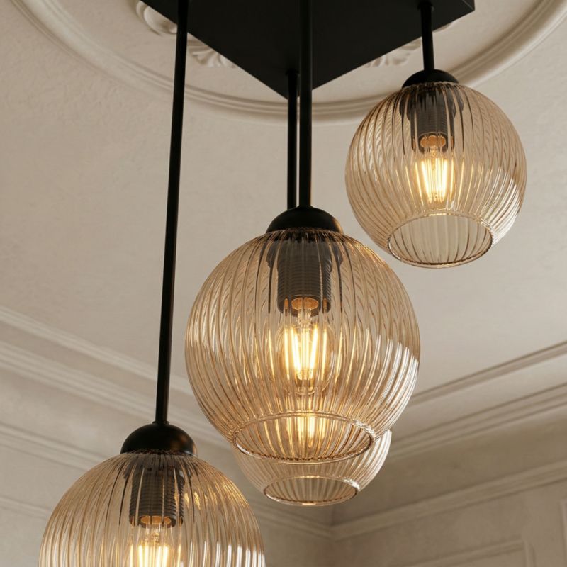 Lampa sufitowa wisząca EDYLIT czarna z bursztynowymi ryflowanymi kloszami loft 4xE27 do salonu 15-454 SONIA 1 szt.