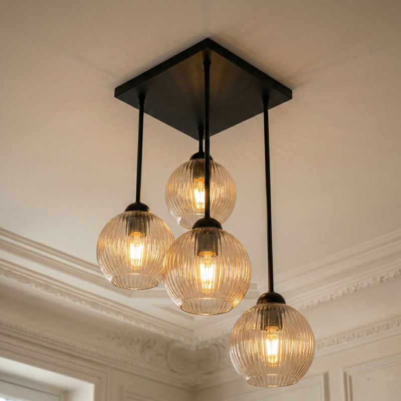 Lampa sufitowa wisząca EDYLIT czarna z bursztynowymi ryflowanymi kloszami loft 4xE27 do salonu 15-454 SONIA 1 szt.