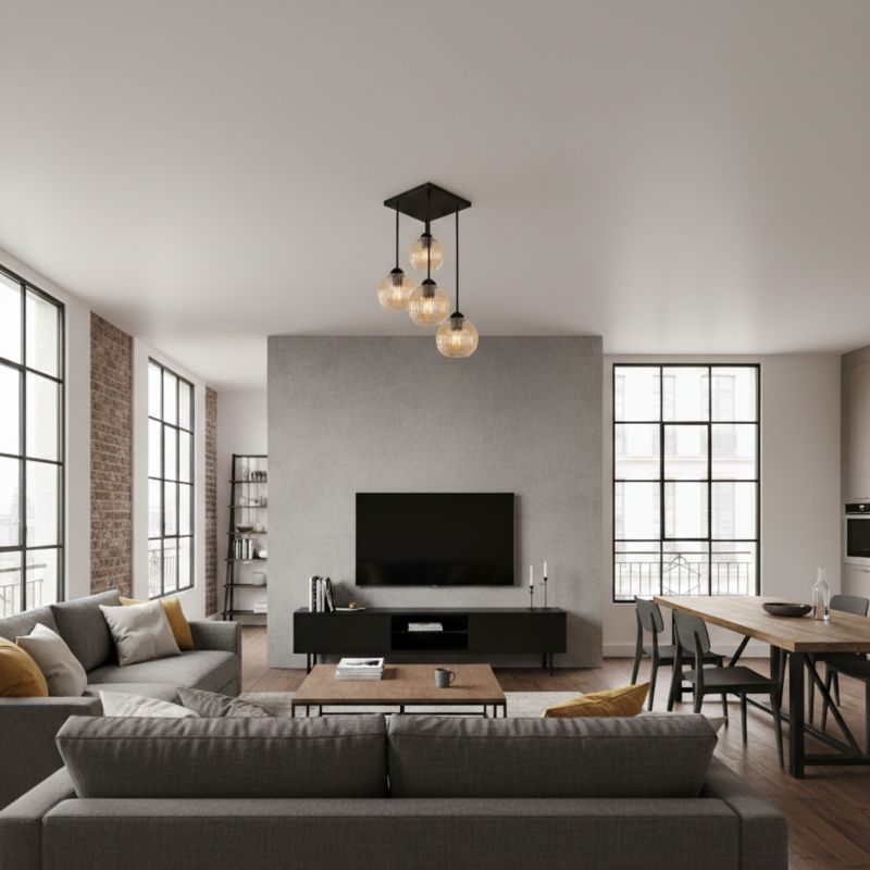 Lampa sufitowa wisząca EDYLIT czarna z bursztynowymi ryflowanymi kloszami loft 4xE27 do salonu 15-454 SONIA 1 szt.