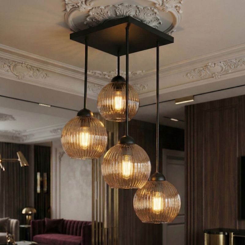 Lampa sufitowa wisząca EDYLIT czarna z bursztynowymi ryflowanymi kloszami loft 4xE27 do salonu 15-454 SONIA 1 szt.