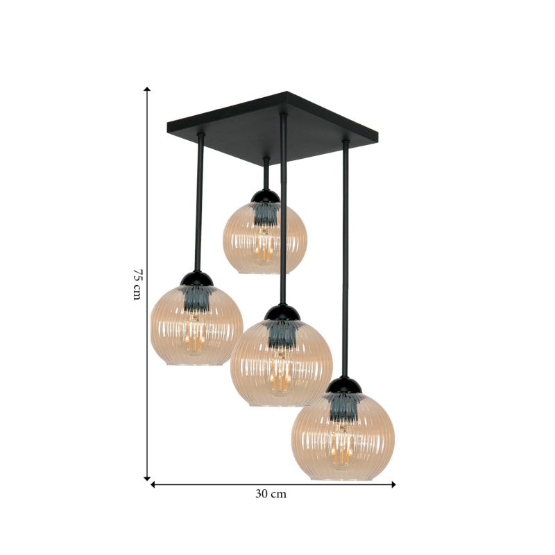 Lampa sufitowa wisząca EDYLIT czarna z bursztynowymi ryflowanymi kloszami loft 4xE27 do salonu 15-454 SONIA 1 szt.