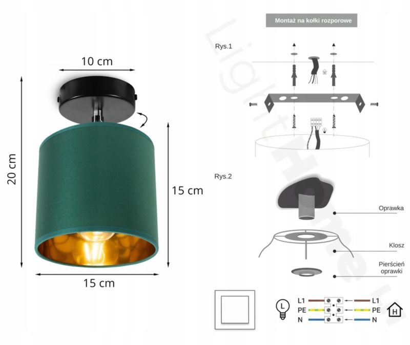 Lampa sufitowa wisząca kinkiet Light Home LH Gama 1x E27 60W zielony/złoty 1szt.