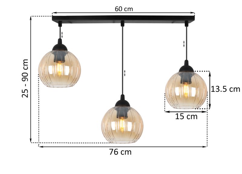 Lampa sufitowa wisząca Light Home LH Costa 3x E27 60W czarny/miodowy 1szt.