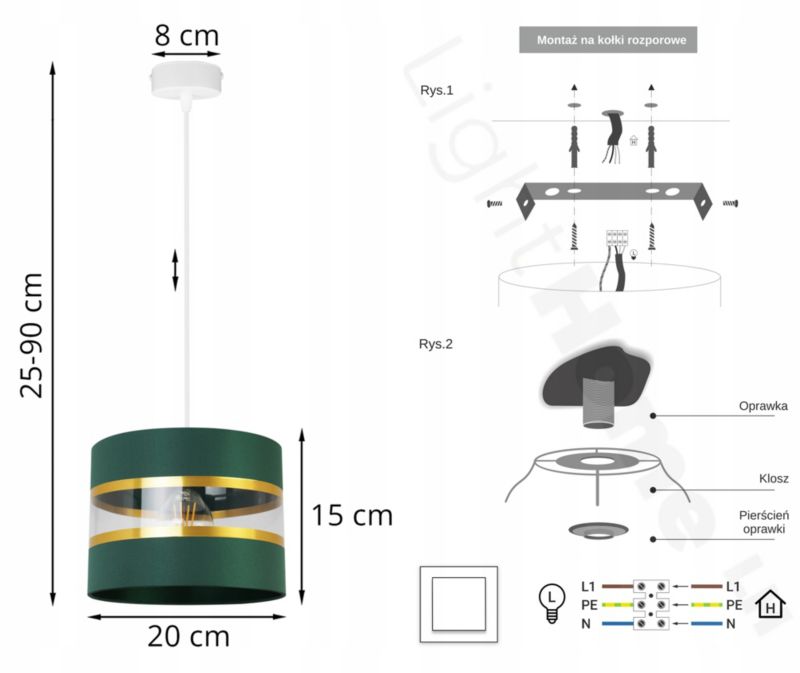 Lampa sufitowa wisząca Light Home LH Elegance Gold 1x E27 60W zielony/biały 1szt.