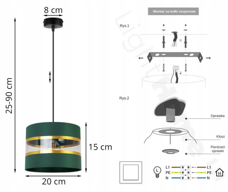 Lampa sufitowa wisząca Light Home LH Elegance Gold 1x E27 60W zielony/czarny 1szt.