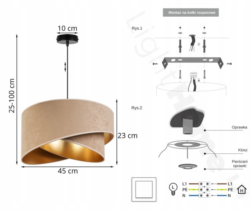 Lampa sufitowa wisząca Light Home LH Mediolan Welur 1x E27 60W beżowy/złoty 1szt.