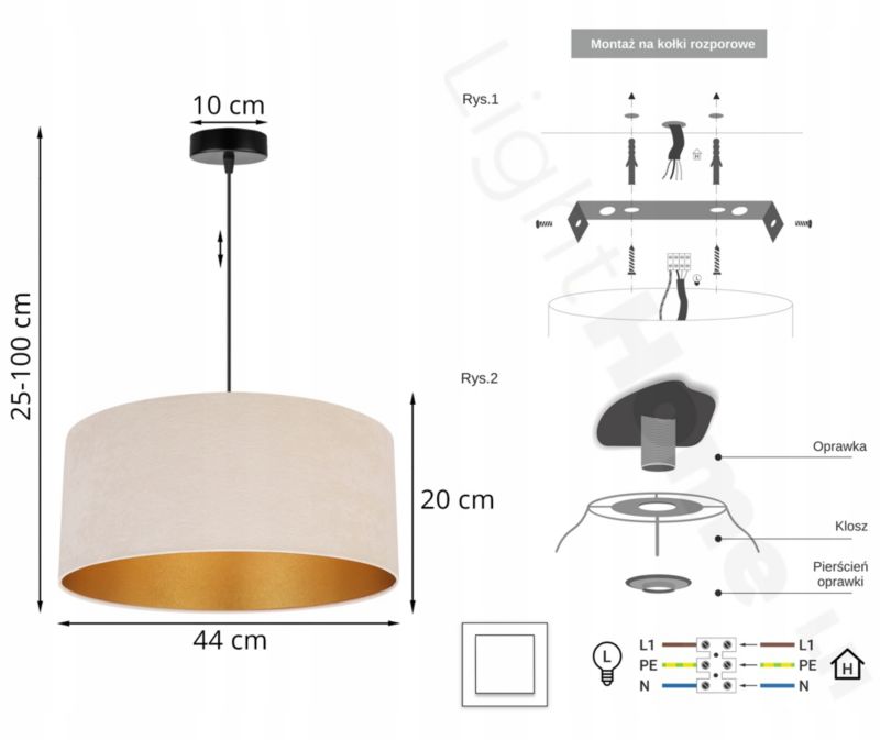 Lampa sufitowa wisząca Light Home LH Mediolan Welur 1x E27 60W kremowy/złoty 1szt.