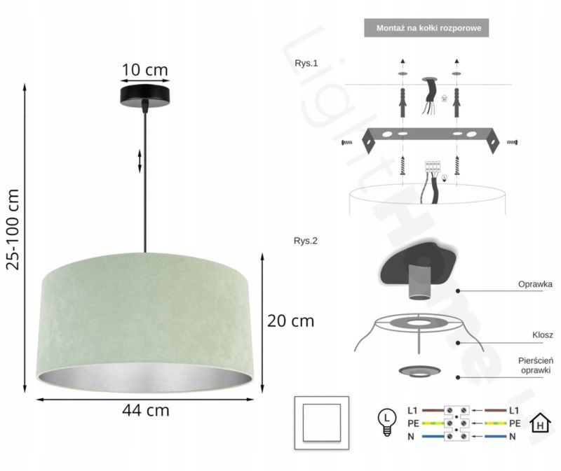 Lampa sufitowa wisząca Light Home LH Mediolan Welur 1x E27 60W miętowy/srebrny 1szt.