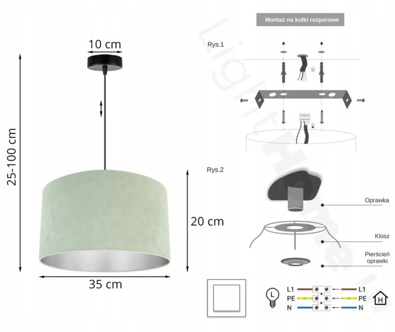 Lampa sufitowa wisząca Light Home LH Mediolan Welur 1x E27 60W miętowy/srebrny 35cm 1szt.