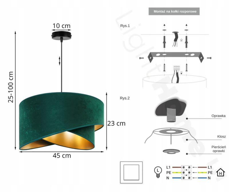 Lampa sufitowa wisząca Light Home LH Mediolan Welur 1x E27 60W zielony/złoty 1szt.
