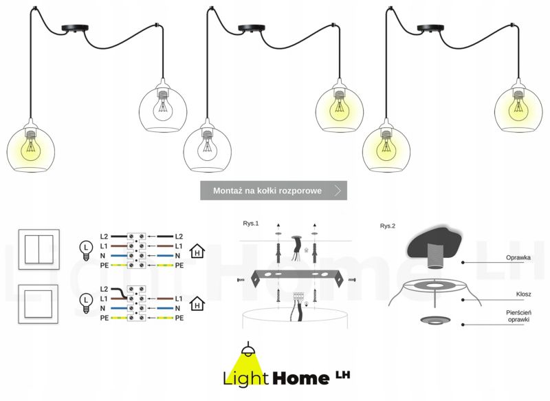 Lampa sufitowa wisząca Light Home LH Spider Bergen Gold 2x E27 60W klosz 20cm złoty 1szt.