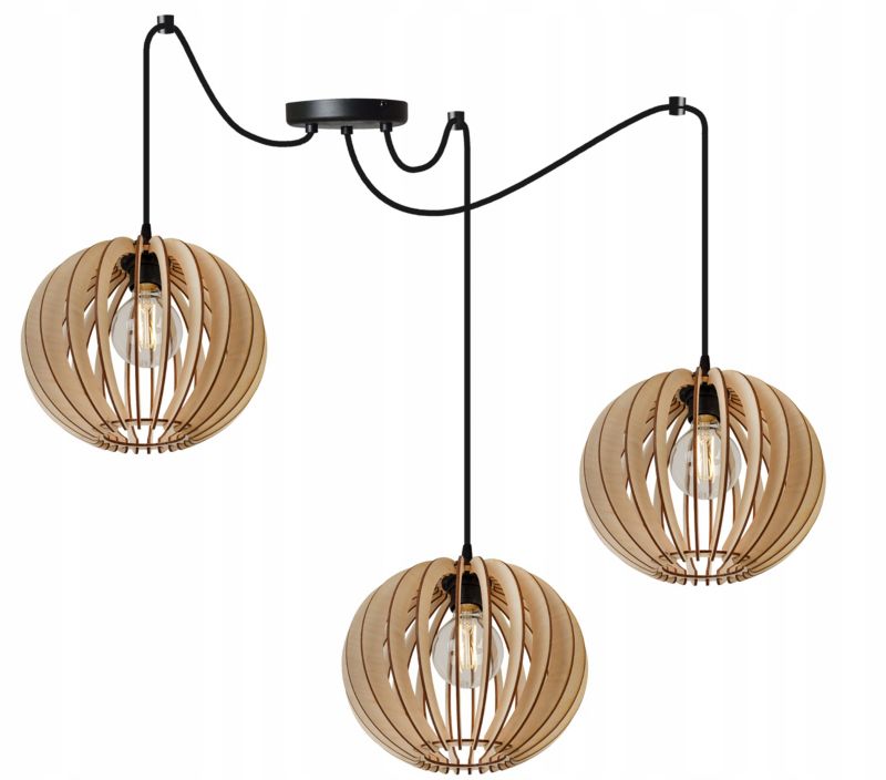 Lampa sufitowa wisząca Light Home LH Spider Timber Drewno 3x E27 60W okrągły klosz 27cm czarny/naturalny 1szt.
