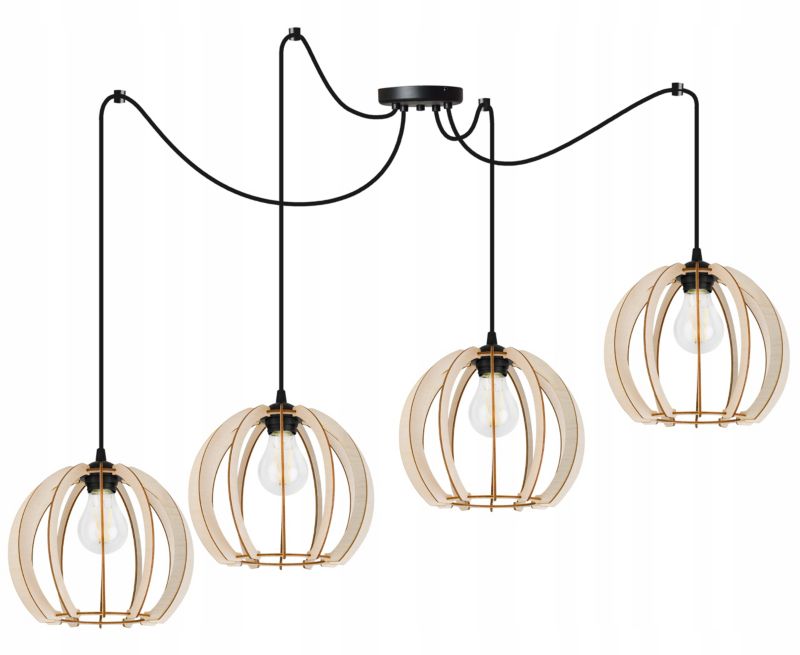 Lampa sufitowa wisząca Light Home LH Spider Timber Drewno 4x E27 60W okrągły klosz czarny/naturalny 1szt.