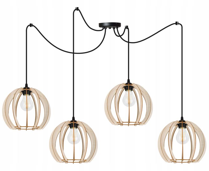 Lampa sufitowa wisząca Light Home LH Spider Timber Drewno 4x E27 60W okrągły klosz czarny/naturalny 1szt.