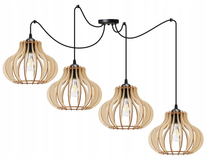 Lampa sufitowa wisząca Light Home LH Spider Timber Drewno 4x E27 60W owalny klosz czarny/naturalny 1szt.