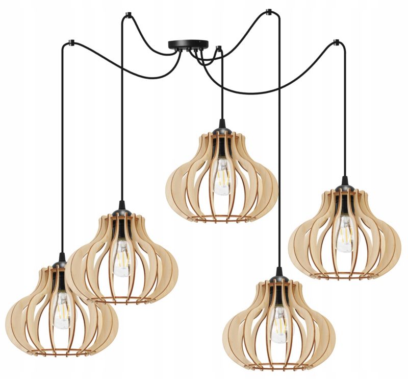 Lampa sufitowa wisząca Light Home LH Spider Timber Drewno 5x E27 60W owalny klosz czarny/naturalny 1szt.