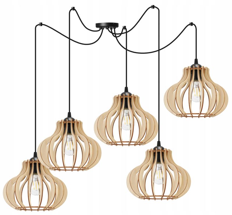 Lampa sufitowa wisząca Light Home LH Spider Timber Drewno 5x E27 60W owalny klosz czarny/naturalny 1szt.