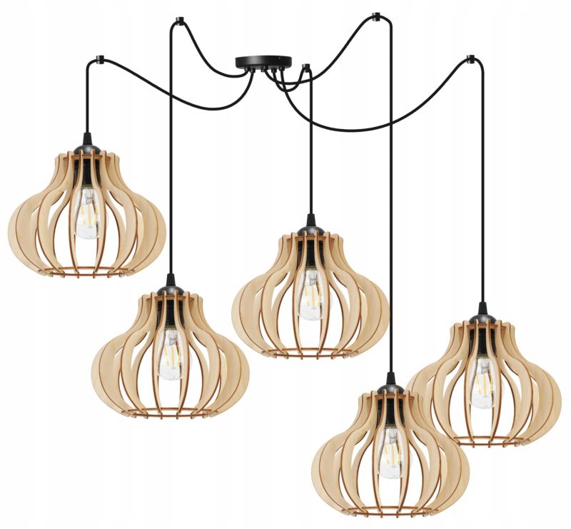 Lampa sufitowa wisząca Light Home LH Spider Timber Drewno 5x E27 60W owalny klosz czarny/naturalny 1szt.