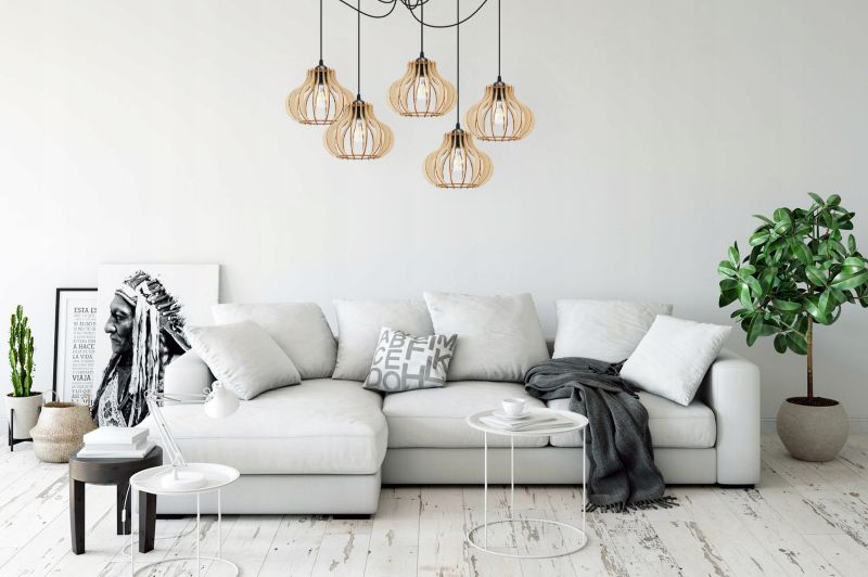 Lampa sufitowa wisząca Light Home LH Spider Timber Drewno 5x E27 60W owalny klosz czarny/naturalny 1szt.