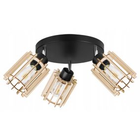Lampa sufitowa wisząca Light Home LH Timber drewno 3x E27 60W okrągły klosz tuba czarny 1szt.